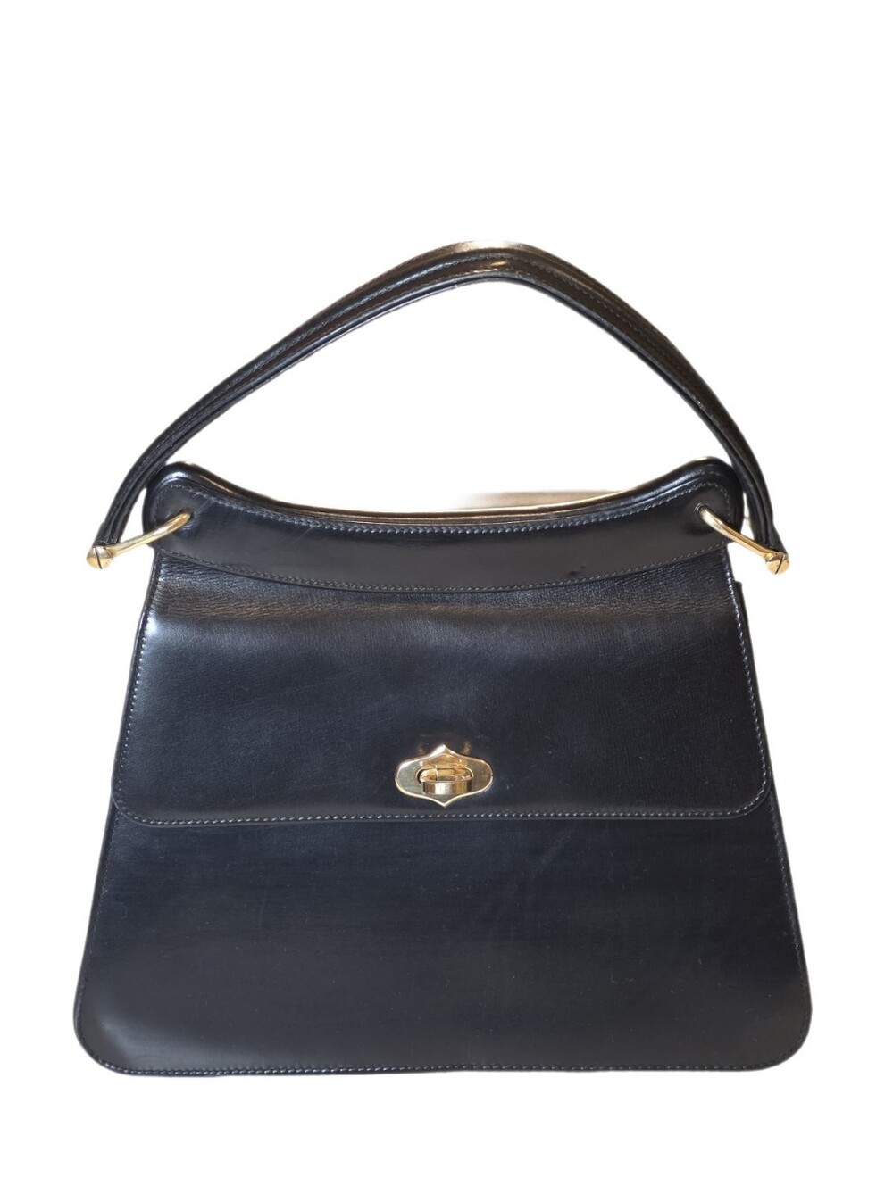 Vintage Black Leather Kelly Style Top Handle Bag Clasp Satchel